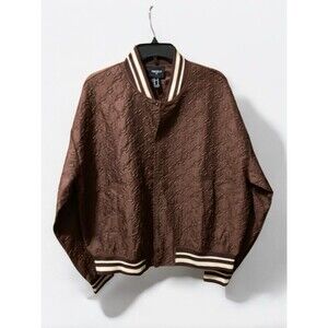 Men's Brown Textured Varsity Jacket Size Medium Striped Trim Spring Snap Front